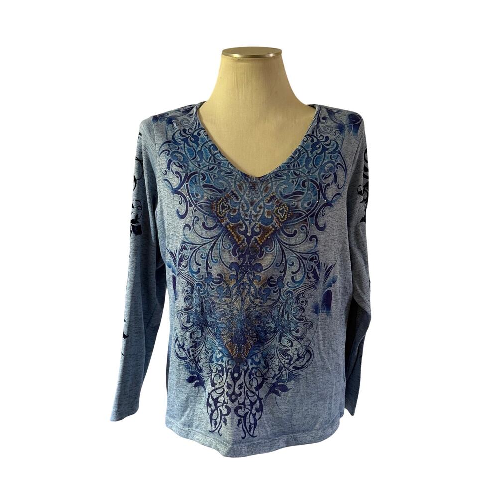 Y2K 2000s Blue Paisley Graphic T Shirt Long Sleeve Plus Size 1X Punk Grunge
